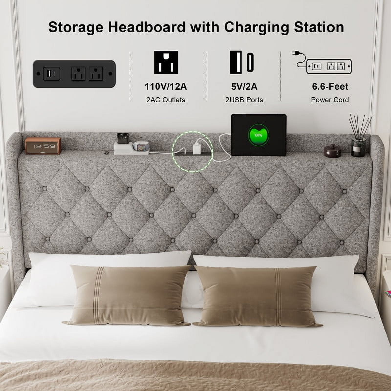 iPormis Queen Size Bed Frame with Lift Up Storage & Charging Station, Button Tufted Wingback Upholstered Headboard, Wooden Slats Support, No Box Spring Needed, Noise Free,Light Gray