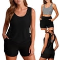 thumbnail image 2 of Levmjia Women's 3-Piece Tankini Set Solid Color Back Cross Strap Striped Racerback Nylon Spandex Plus Size S-2XL High Waisted Shorts Swimwear, 2 of 9