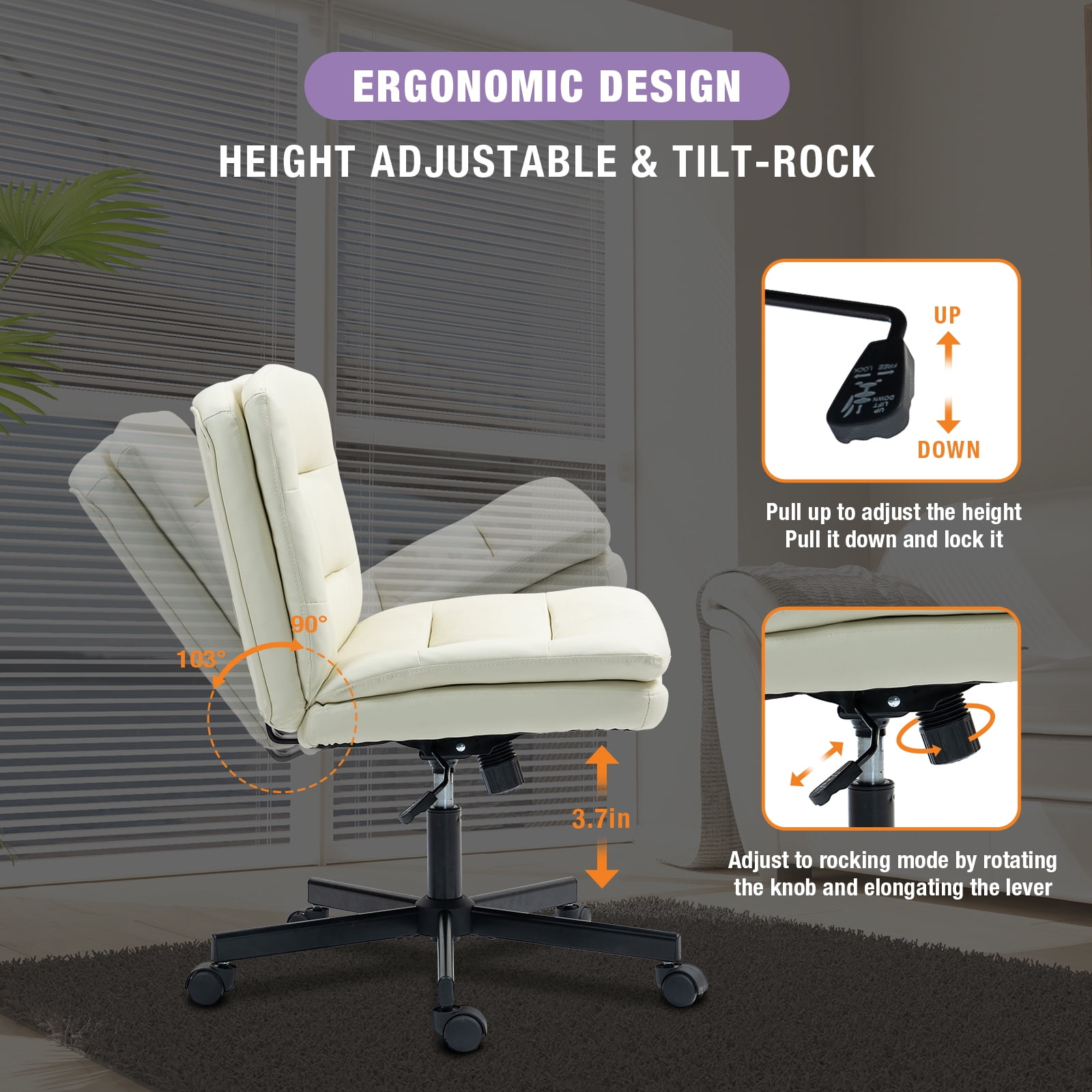 Criss Cross Legged Chair Ergonomic Home Office Desks Chair with Casters, Armless Wide Comfy Vanity Desk Seat Swivel Rolling Computer Chair, Adjustable Height, Rocking Function, Beige
