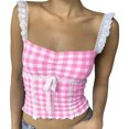 thumbnail image 4 of Douhoow Women Plaid Cami Tank Top Lace Trim Backless Sleeveless Crop Top Spaghetti Strap Slim Fit Camisoles, 4 of 6