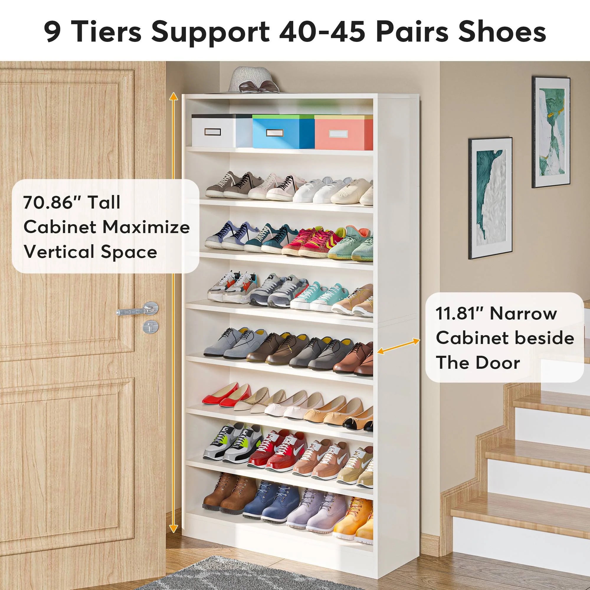 Demi Bonn Wooden Shoe Rack 9-Tier Shoe Storage Organizer Entryway Shoe Shelf, 40-45 Pairs Freestanding Shoe Cabinet, White
