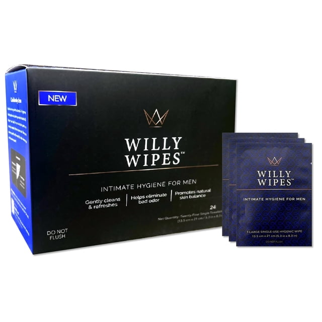toallitas willy para hombre king willy thick & plush, 24 toallitas caja frontal negra con logo dorado y texto "WILLY WIPES"; vista centrada y frontal que muestra la caja rectangular y tres sobres individuales azul marino a la derecha; empaque señala 24 toallitas empaquetadas individualmente para higiene íntima masculina, tamaño de viaje, ideal para llevar al gimnasio o en viajes cortos.