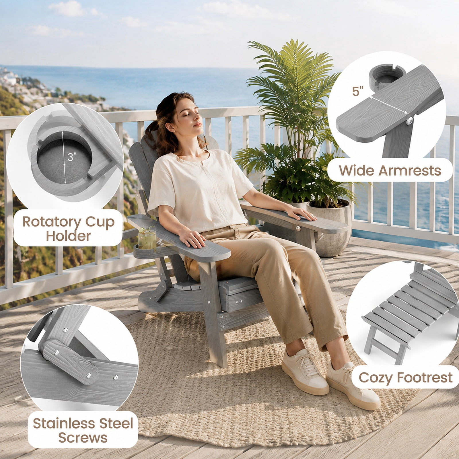 Furnibear All Weather HIPS Folding Adirondack Lounge Chair with 4 Position Backrest Retractable Footrest and Cup Holder for Patio Lawn Garden, Gray