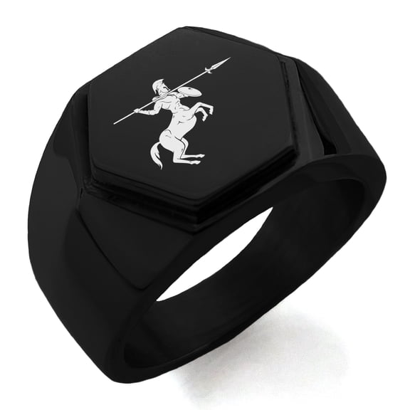 Stainless Steel Greek Mythology Centaur Engraved Hexagon Crest Flat Top Biker Style Polished Ring