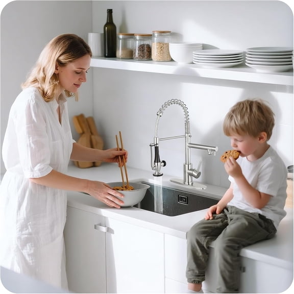 Kitchen Faucet with Pull Down Sprayer - Brushed Nickel Single Handle Commercial Kitchen Faucets, 2-Spout Stainless Steel Spring Pull Out Kitchen Sink Faucet 1/3 Hole with Deck Plate