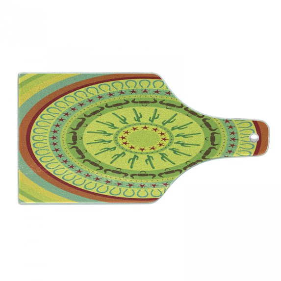 Southwestern Cutting Board, Wild West Cowboy Themed Mandala Design Colorful Circles Bull Horns Saguaro, Tempered Glass Cutting and Serving Board, Wine Bottle Shape, Multicolor, by Ambesonne
