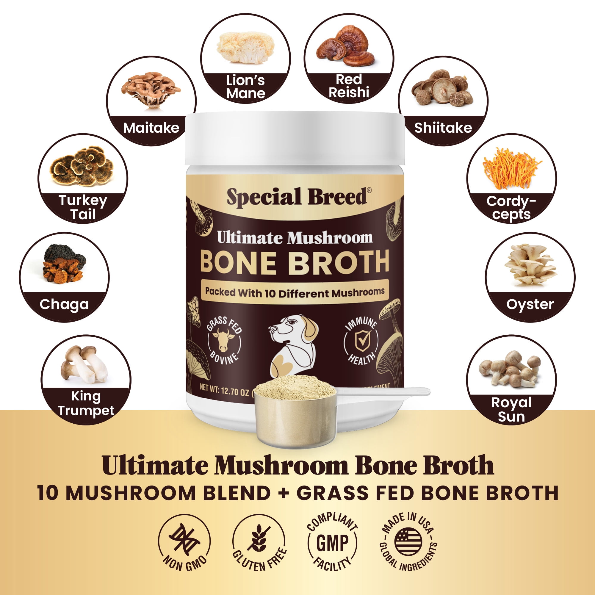 Beef Bone Broth for Dogs - High Protein Powder with Ten Organic Mushrooms & Collagen - Immune, Joint, Digestion & Cognitive Support - Tasty Dog Food Topper - Natural Hydration Booster