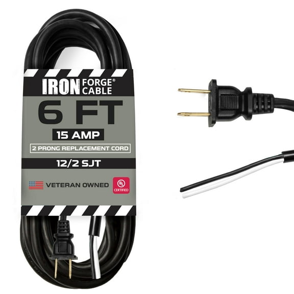 Iron Forge Cable 15 Amp Power Cord Replacement Two Prong Polarized Plug with Open End - 6 ft Black Extension Cable, 12 Gauge - 2 Wire 12/2 SJT