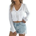 thumbnail image 3 of Women'S Tie Front Long Sleeve Scalloped Crop Cardigan Knit Top White S, 3 of 9
