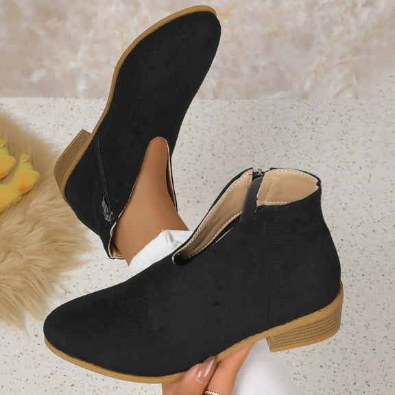 Bnwani Low Heel Boots Women Fall Winter Fashion Pile Toe Square Zipper Ankle Versatile Retro Sweet Suede Boot Black Size 5.5