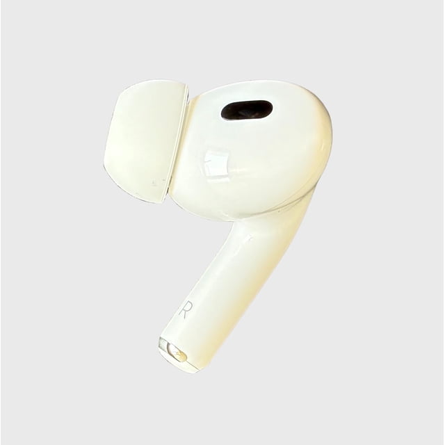 auricular derecho de repuesto para airpods pro 2nd gen a3047/a3048/a3049 usado buen estado Meenova; vista 3/4 frontal del earbud derecho blanco con vástago curvo, rejilla de micrófono negra y marca 'R' en la base; fondo neutro claro. Compatible con funda de carga A2968; a menudo usado como repuesto individual para restaurar pares.