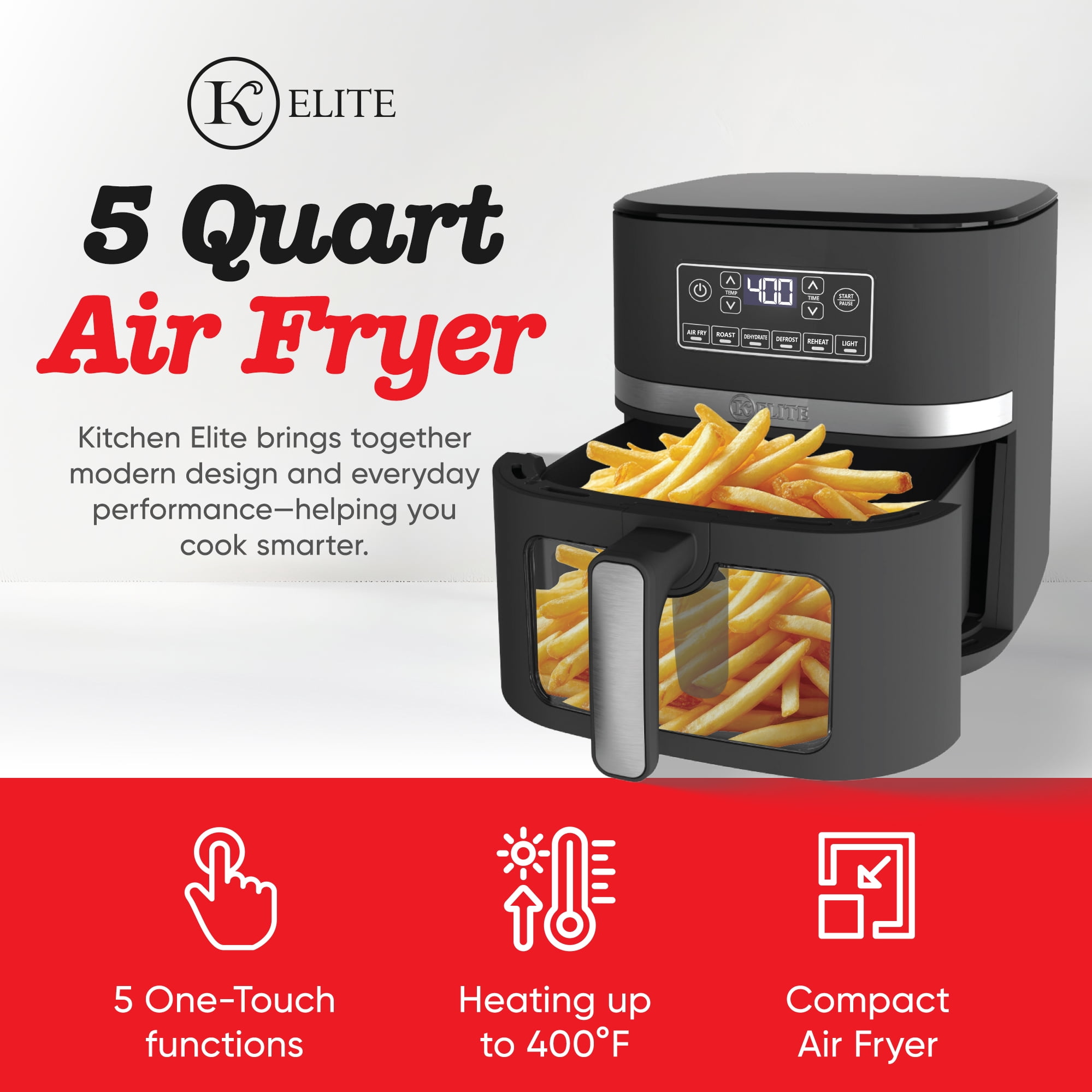 Kitchen Elite 5 Qt Large Digital Air Fryer, Kitchen Countertop Nonstick Basket Oven, Black