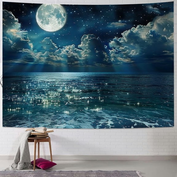 PRATYUS Moon Over Ocean Tapestry, Night Sky Tapestry Wall Hanging, 3D Fantasy Psychedelic Watercolor Tapestry Wall Art for Bedroom Living Room Dorm Home Decor Painting