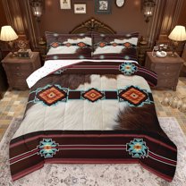 jejeloiu Rustic Cow Hide Queen Comforter Set,Aztec Geometric Rhombus Bedding Sets,Brown Cyan White Bedding Comforter Set For Boys Kids,Ultra Soft Home Decor Reversible,3 Pieces