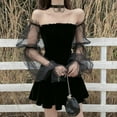 thumbnail image 5 of Temperament Mesh Stitching Dress Bubble Sleeve Skirt Strapless Waist Puffy Dress Black M, 5 of 6