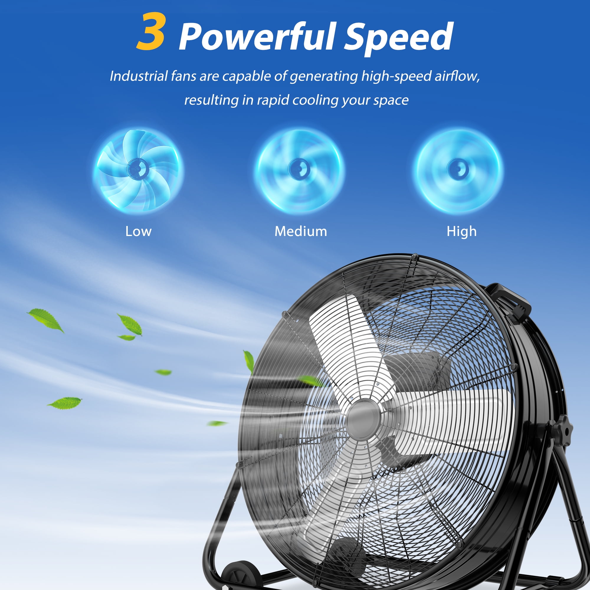 LifePlus 24 Inch Industrial Drum Fan, 5620 CFM High Velocity Floor Fan, 3-Speed Heavy Duty Air Circulator, Black Commercial Fan for Warehouse, Workshop, and Garage Cooling
