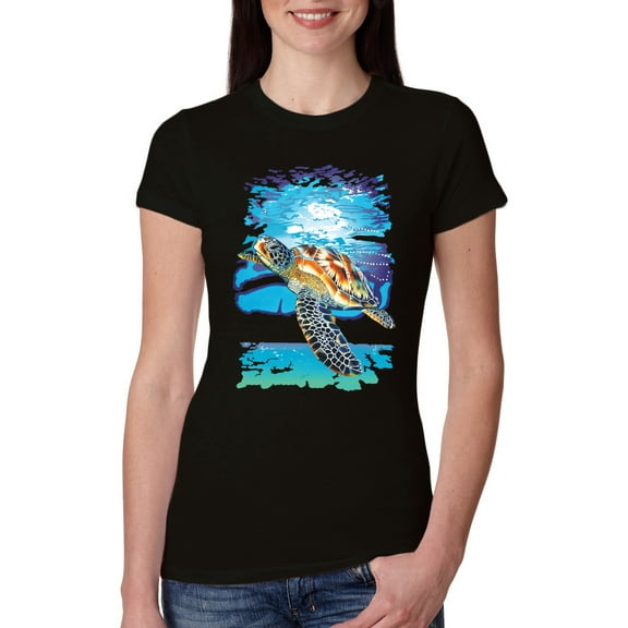 Swimming Sea Turtle Animal Lover Womens Slim Fit Junior Tee, Black, Small