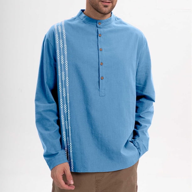 Blusas y camisas de manga larga con cuello redondo para hombre, estilo casual, a la moda, con botones y manga larga, blusa de poliéster para hombre.