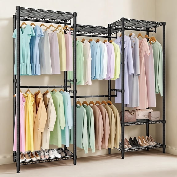 Clothes Rack Heavy Duty 1430 lbs Sturdy Metal Garment Rack with Wire Shelves Hanger Rods for Hanging Clothes, 67.6" w x 76.5" h