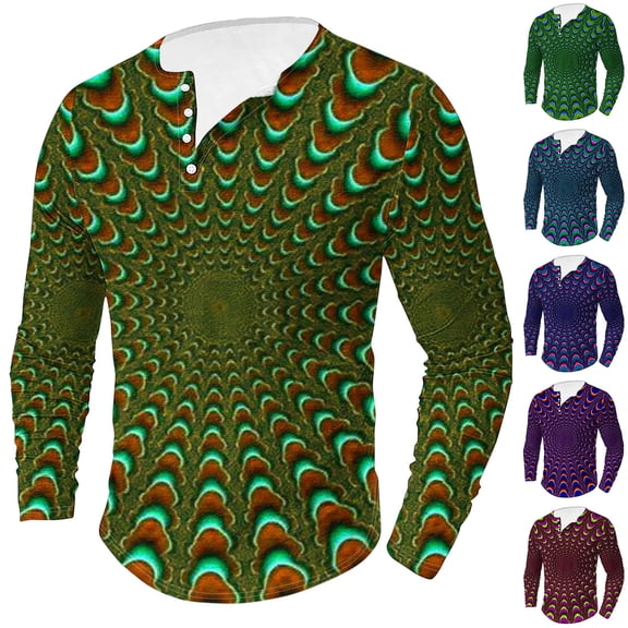DDAPJ pyju Fashion Optical Illusion Tshirts for Men Long Sleeve Novelty 3D Graphic Henley Shirt Big and Tall Hip Hop Streetwear Hipster Tee Tops Army Green L