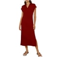 thumbnail image 3 of Sentmoon Robes d'Été pour Femmes 2026 Décontracté Couleur Unie Col à Revers Robe Maxi Fente Extensible Coupe Régulière Essentiels de Vacances pour Femmes pour le Travail et la Fin de Semaine Bourgogne TTG, 3 of 8