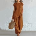 thumbnail image 2 of Linen Sets for Women 2 Piece Petite Asymmetrical Slit Button Cap Sleeve Tops and Wide Leg Pants Set Matching Outfit Khaki L, 2 of 3