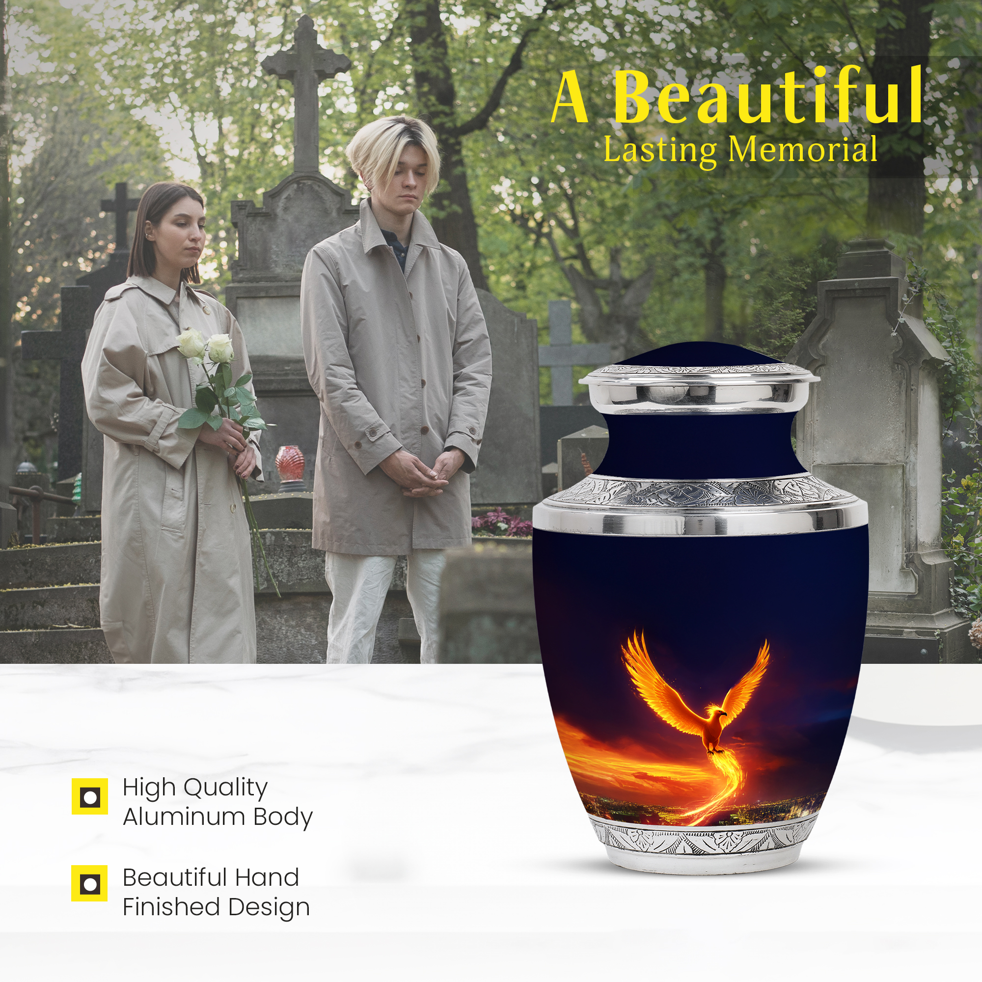 MUKTIVE Phoenix Memorial Urn for Human Ashes Male & Female, Large Funeral Blue Urn for Ashes Mom & Dad Cremation, Bird Burial Urns for Ashes, Cremated Urns for Human Remains, 10 Inch