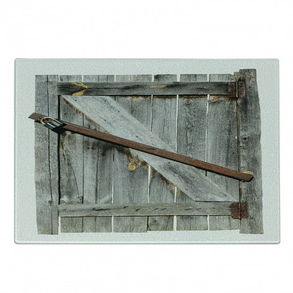 Rustic Cutting Board, Aged Wood Barn Door with Rusty Crossed Locks Abandoned Western Farmhouse Design, Decorative Tempered Glass Cutting and Serving Board, Small Size, Brown, by Ambesonne
