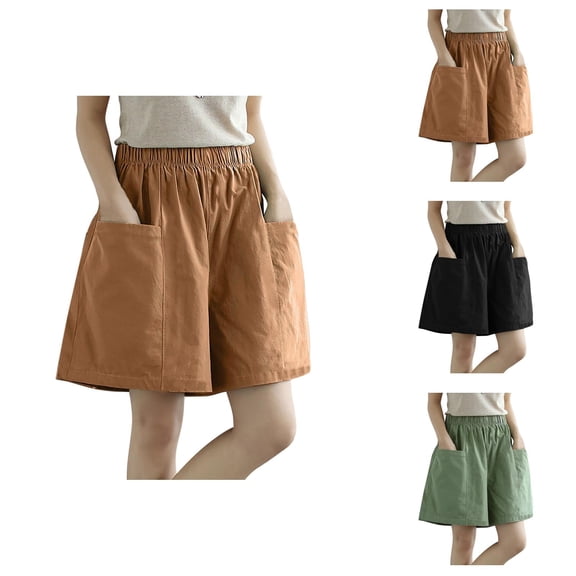 Bermuda Shorts for Women Knee Length Cotton Linen Elastic Waist Wide Straight Leg Relaxed Fit Casual Shorts with Pockets