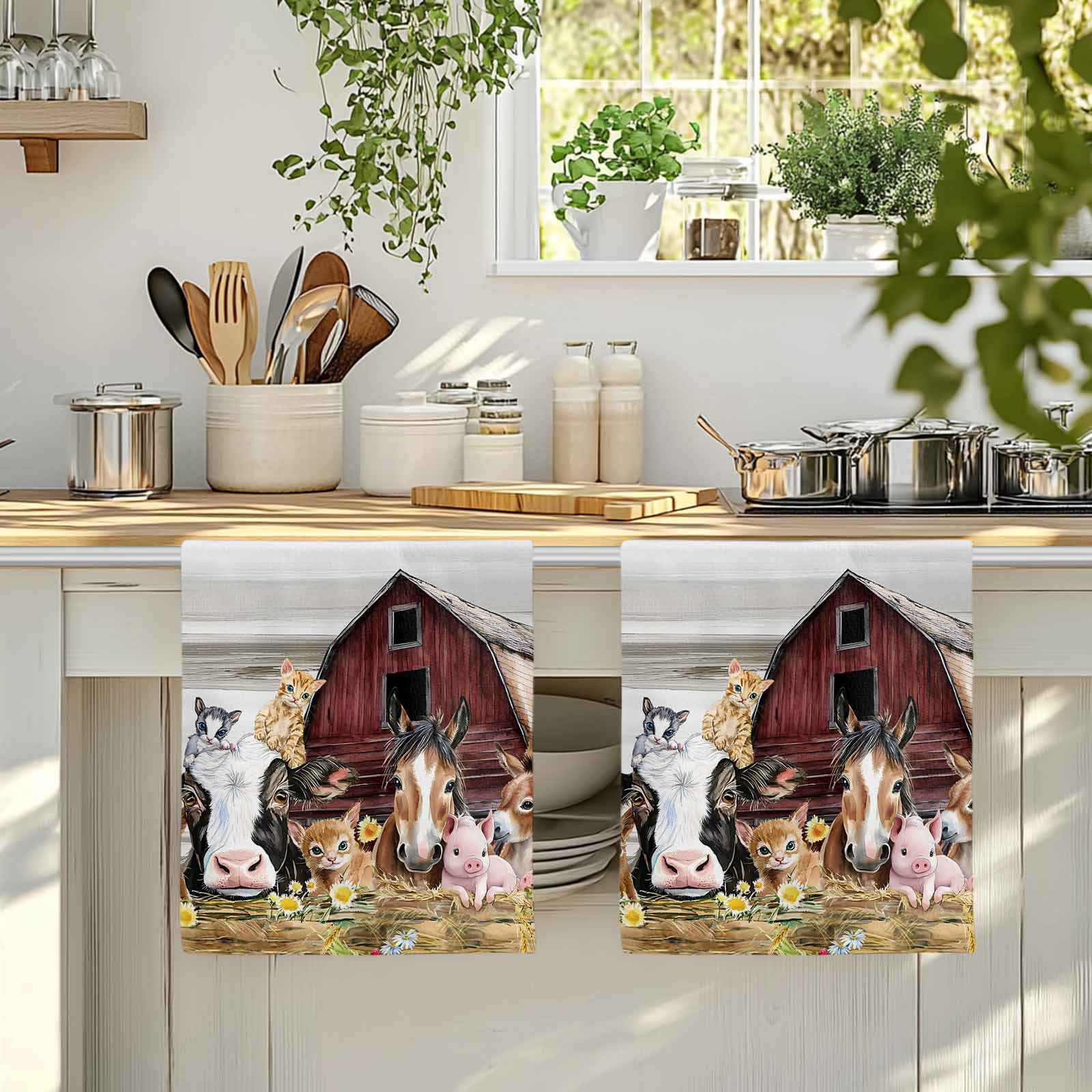 Dish Towels, Farm Animal Absorbent Kitchen Towels 2 PCS, Barn Horse Pig Cow Microfiber Hand Towels Dish Cloths Tea Towels for Home&nbsp;Bathroom Cleaning Drying,18X28-Inch,