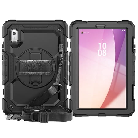 Dteck for Lenovo Tab M9 Case with Built-in Screen Protector Heavy Duty Full Body Shockproof Shell Rugged Case with Rotating Stand Hand Shoulder Strap for Tab M9 TB-310FU 2023 Black