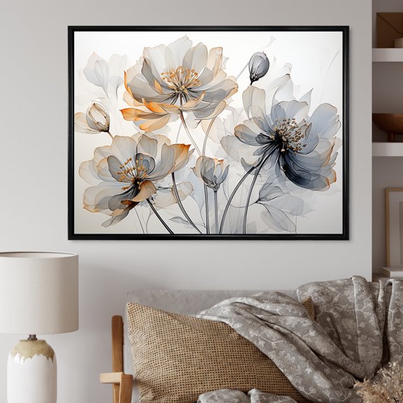 Designart "Graceful Grey-White Tulip Elegance I" Tulips Floater Framed Canvas Prints