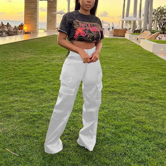 lulshou Womens Cargo Pants Mid Waist with Pocket Overalls Casual Pants Spring Summer Wide Leg Cargo Pants Business Work Pants