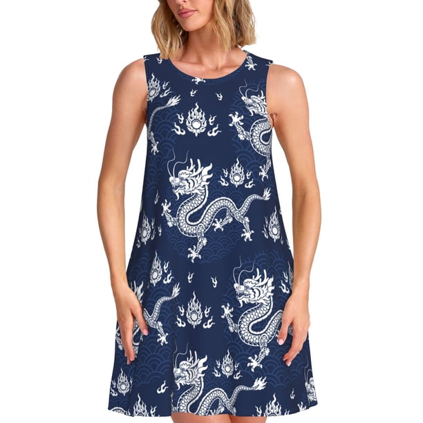 Easygdp Dragon para Vestido Transpirable de Mujer, Vestido Suelto de Manga Corta con Pliegues y Bolsillos para el Verano