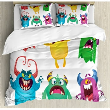 Alien Duvet Cover Set King Size, Childish Print of Funny Monsters Making Whimsical Faces Cartoon on Plain Background, Decorative 3 Piece Bedding Set with 2 Pillow Shams, Multicolor, by Ambesonne