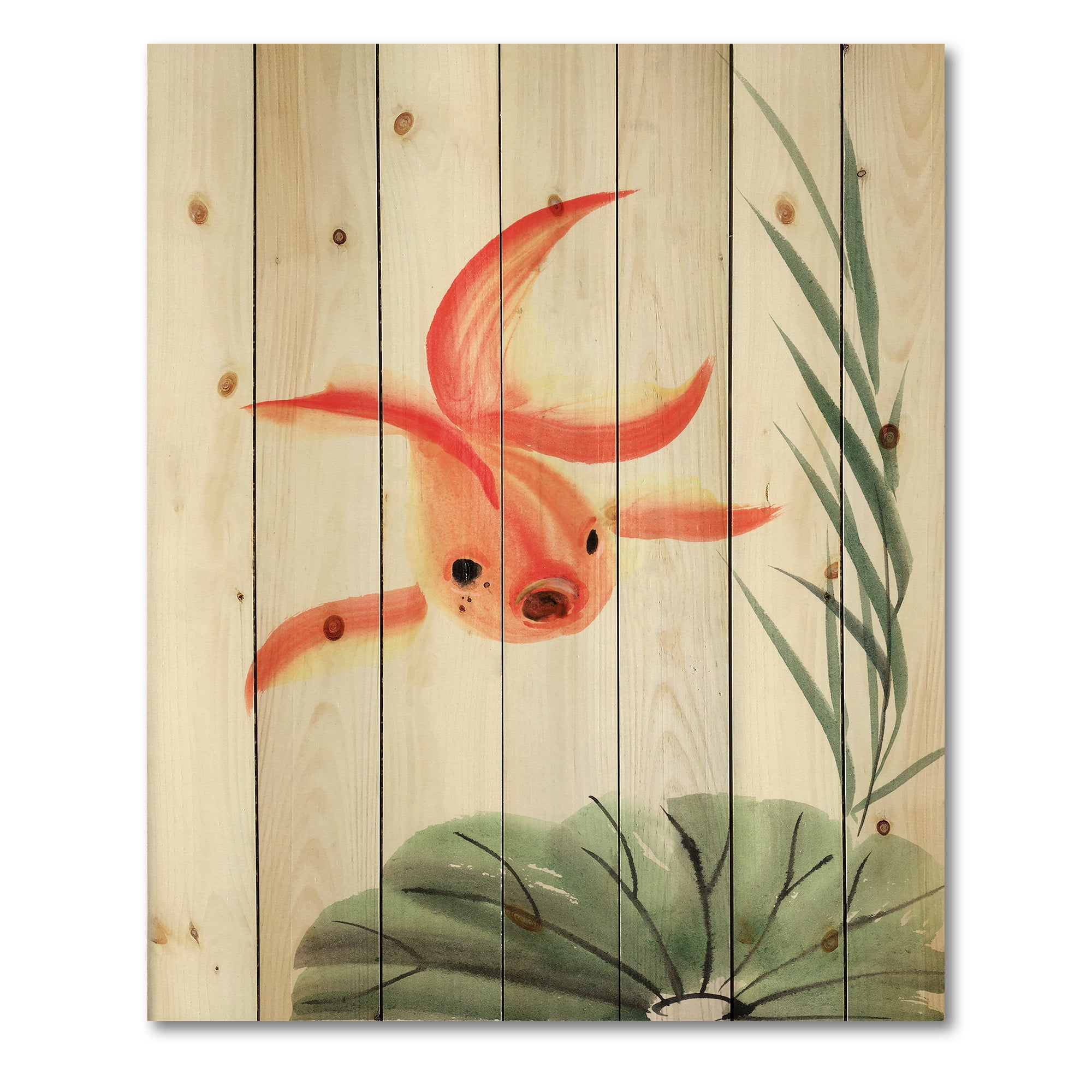 Designart 'Ancient Goldfish and The Lotus Leaf' Nautical & Coastal Print on Natural Pine Wood