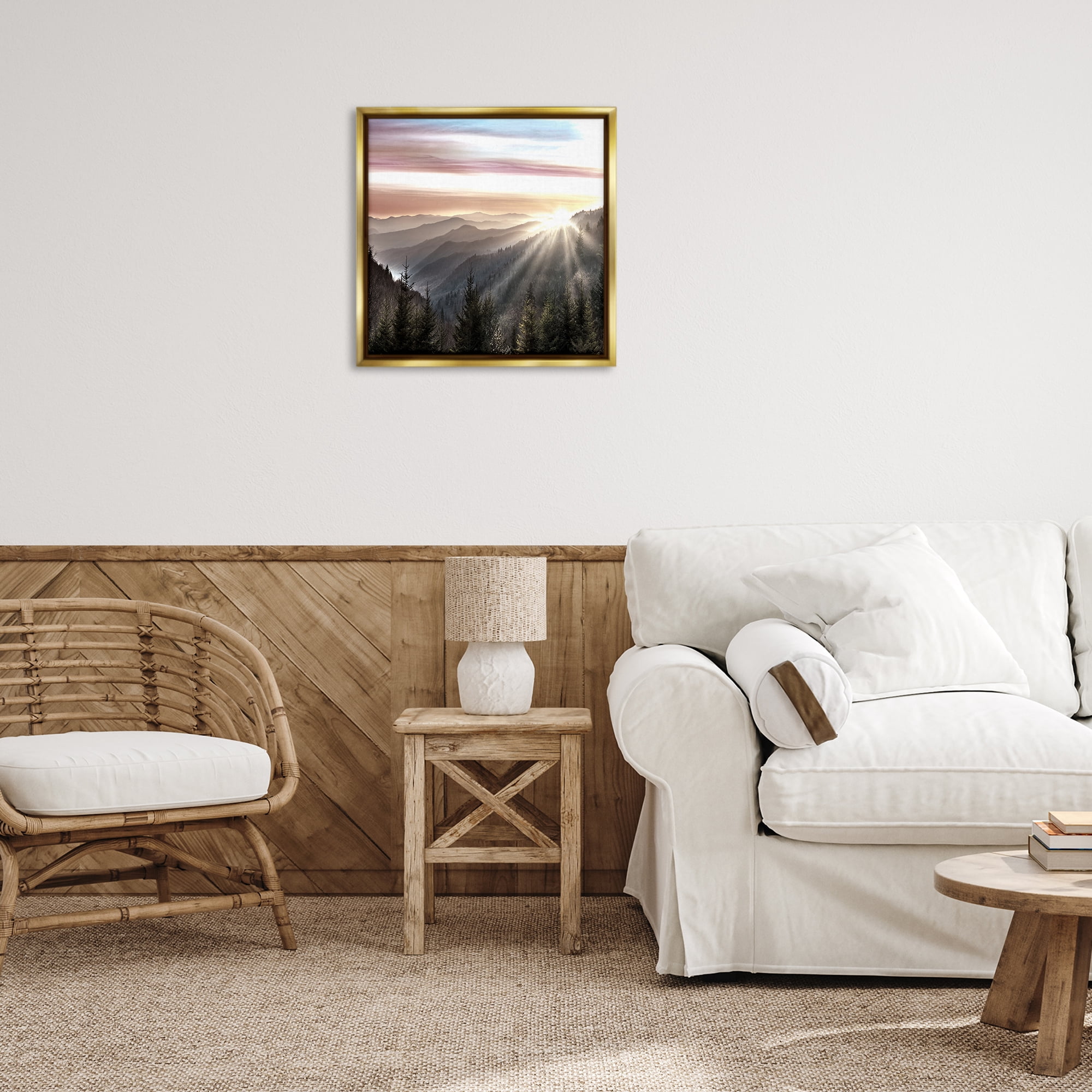 Stupell Industries Sun Rays Through Peaks Landscape & Nature Painting Gold Floater Framed Canvas Art Print Wall Art, 25 x 25