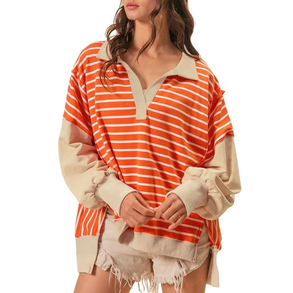 Women's Orange Stripe Color Block Loose Fit Collared Sweatshirt