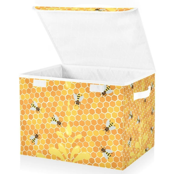 Honey with Bees Yellow Large Lidded Storage Bin Foldable Storage Boxes Cubes Baskets Lids with 2 Handles for Home Bedroom Office 16.5x12.6x11.8inch