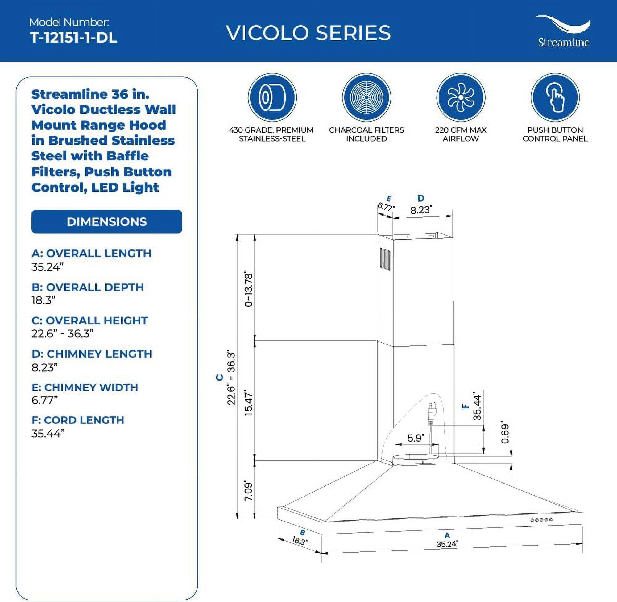 Streamline 36 in. Vicolo Ductless Wall Mount Range Hood in Brushed Stainless Steel with Baffle Filters, Push Button Control, LED Light