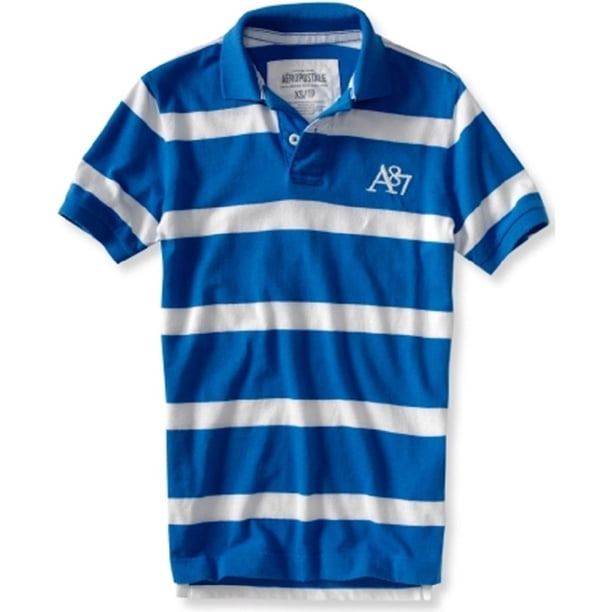 Aeropostale Mens Stripe A87 Logo Rugby Polo Shirt, Azul, XS