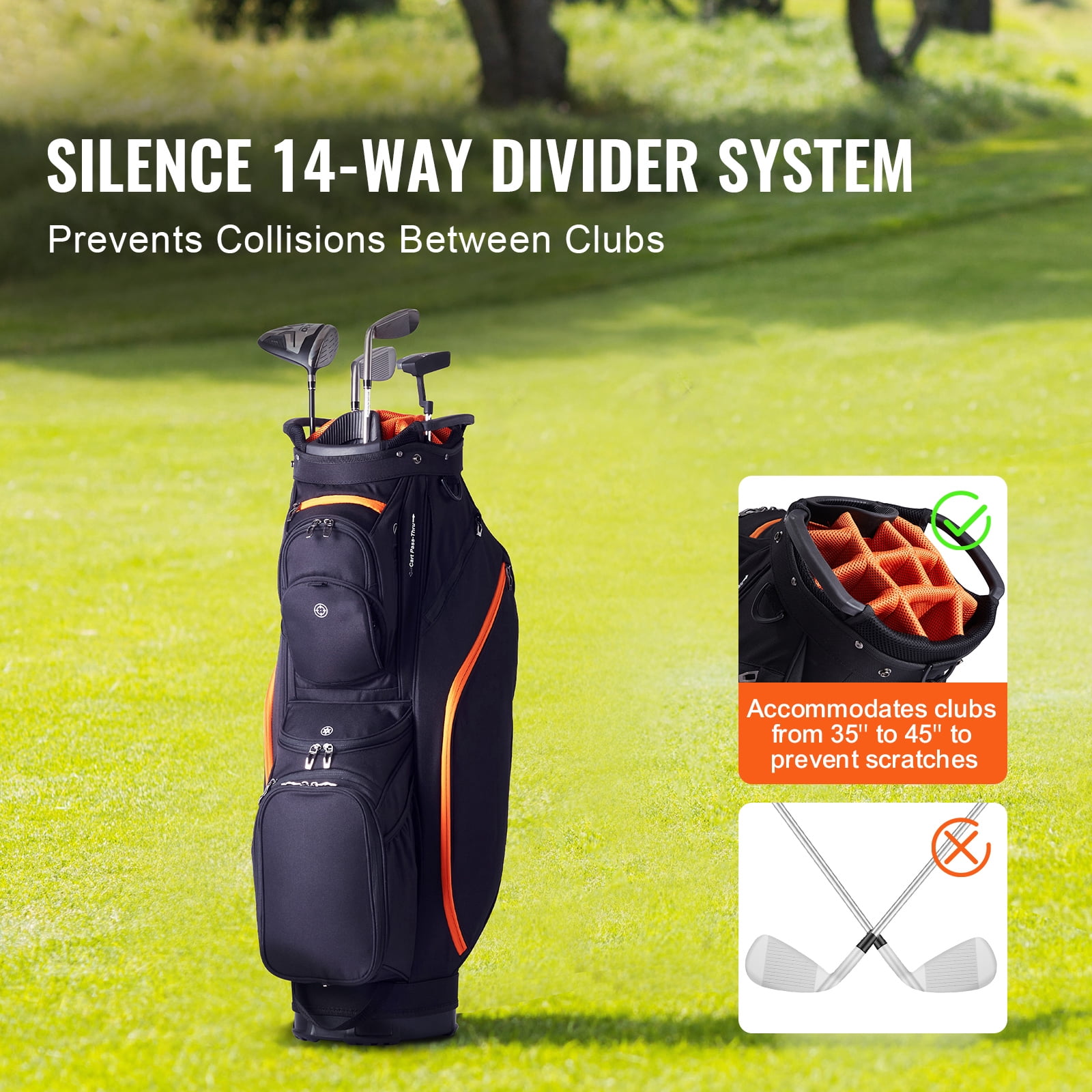 KFFKFF Golf Equipment Bag, 14 Compartments, 36” with 13 Storage Spaces, Robust Golf Gear Bag, Includes Handles, Dust Protector & Removable Straps, Suitable for Both Genders, Black & Orange