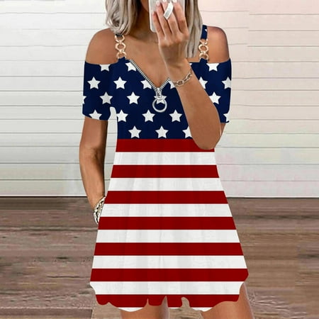 

Hvyesh 4th of July Dresses Women Casual Summer Midi Dress Elegant Pattern Round Neck Sundresses Comfortable Short Sleeve Cool Dresses 2023 Dark Blue