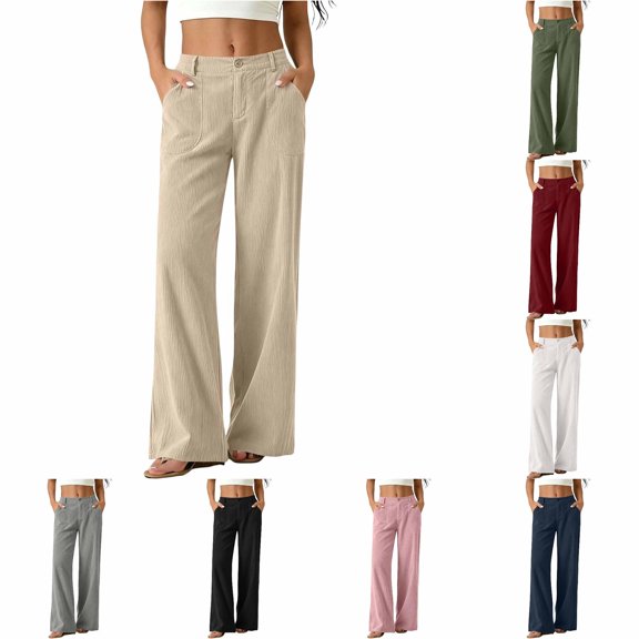 DHFJKG Wide Leg Pants For Women Corduroy Palazzo Workwear Elastic Waistband Long Pants Fall Clothes
