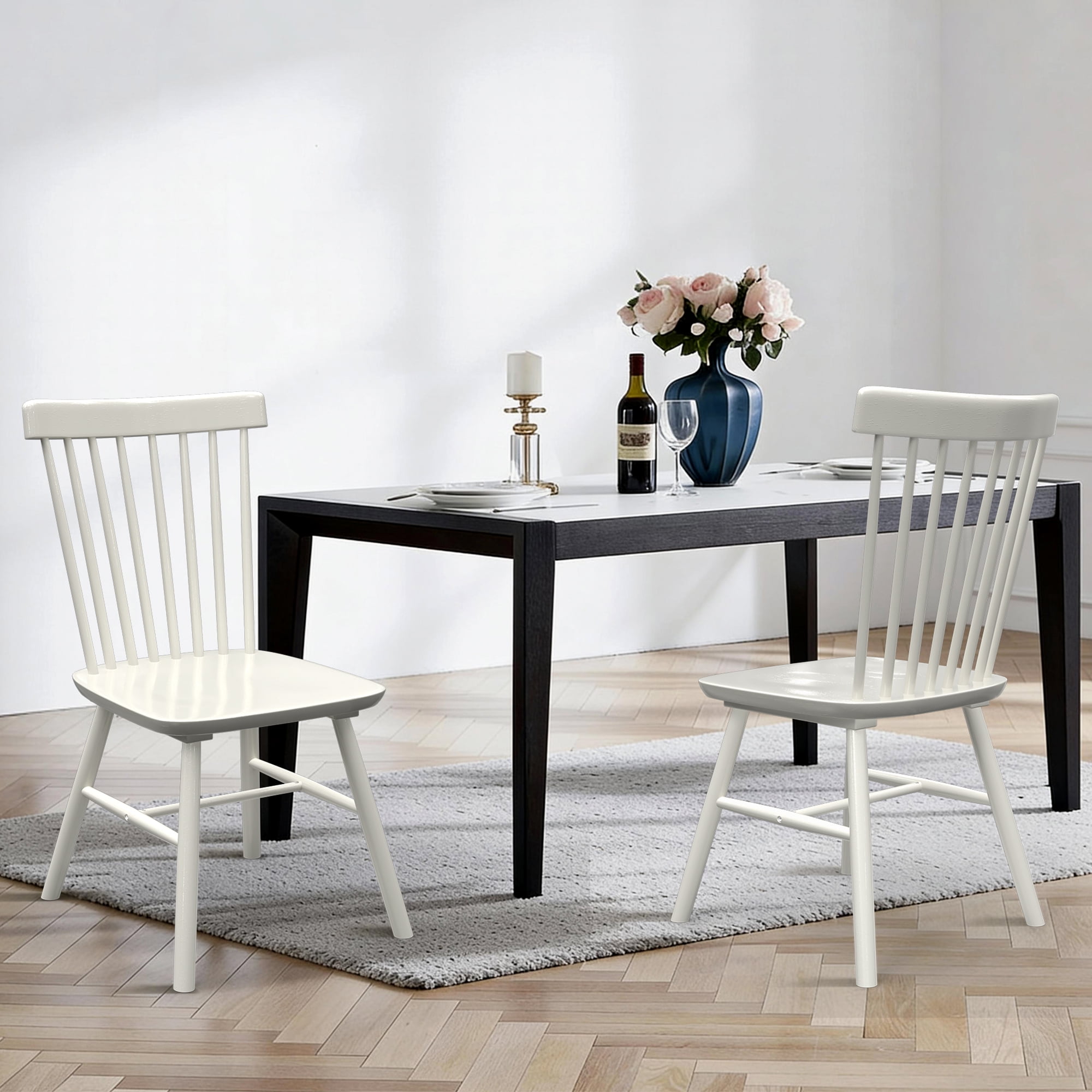 Dhole Windsor Spindle Back Dining Chair Set of 2, Solid Hardwood Kitchen and Dining Room Seating in White