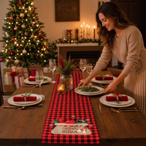 Msgweeeg Christmas Runner Table Runner Christmas Black Red Plaid Christmas Table Runner Santa Mail Bag