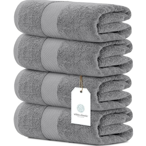 White Classic Luxury Bath Towels Set of 4 Large - 700 GSM Cotton Ultra Soft Bath Towels 27x54 | Highly Absorbent and Quick Dry | Hotel Towels for Bathroom Luxury, Plush Shower Towels, Light Grey
