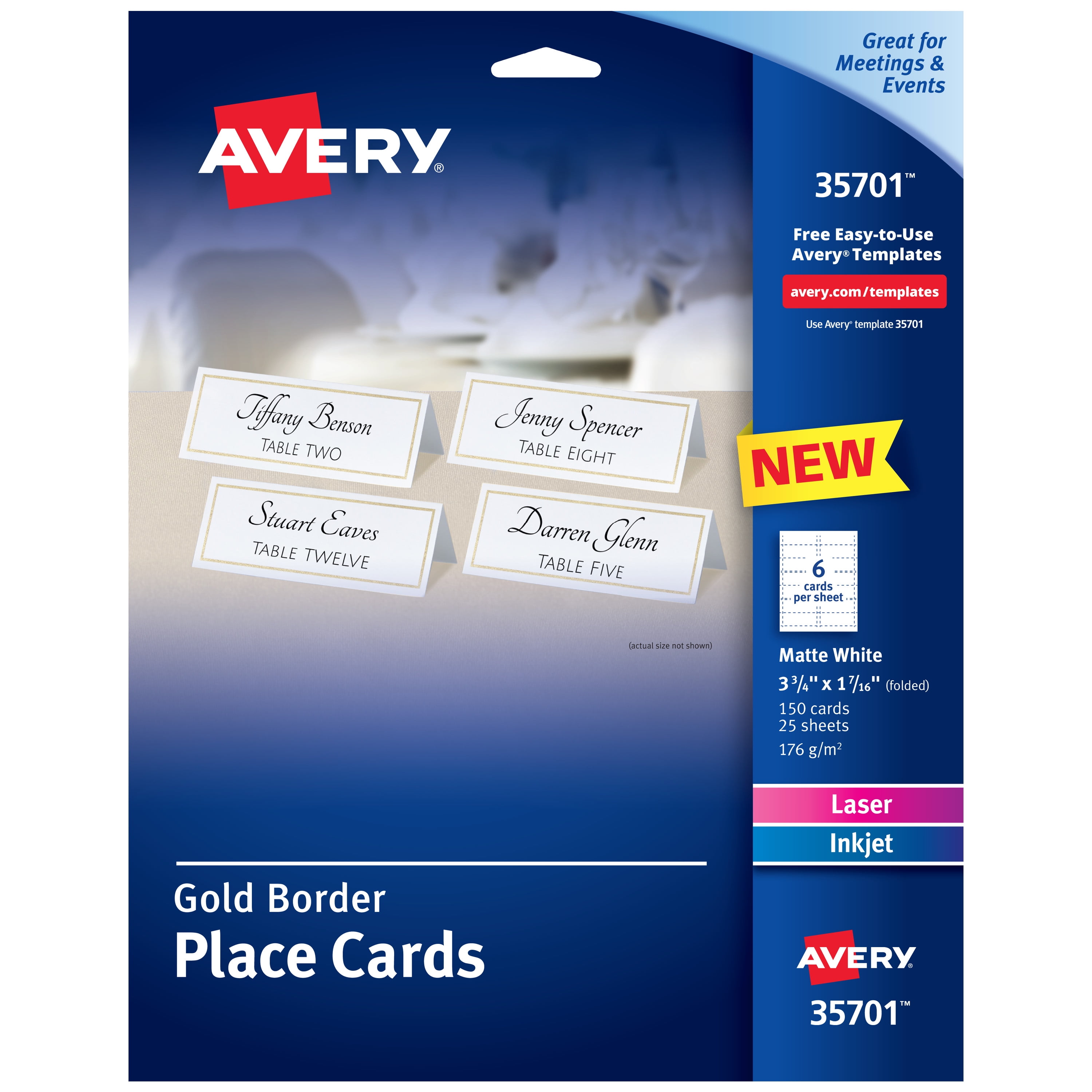 Avery Place Cards With Gold Border 1 7 16 X 3 3 4 65 Lbs 176 Gsm Laser Inkjet 150 Cards 35701 Walmart Com