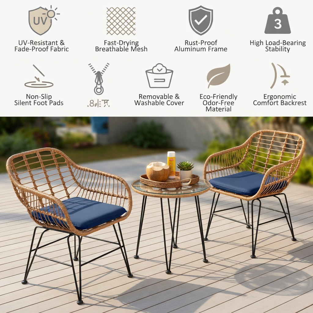 Hommoo 3-Piece Outdoor Rattan Patio Furniture Set, 2 Cushioned Chairs + Tempered Glass Coffee Table, Navy