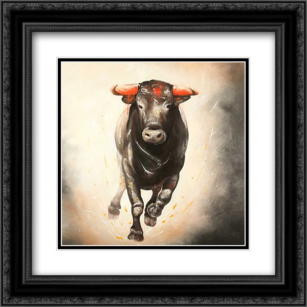 Bull Running 2x Matted 20x20 Black Ornate Framed Art Print by Atelier B